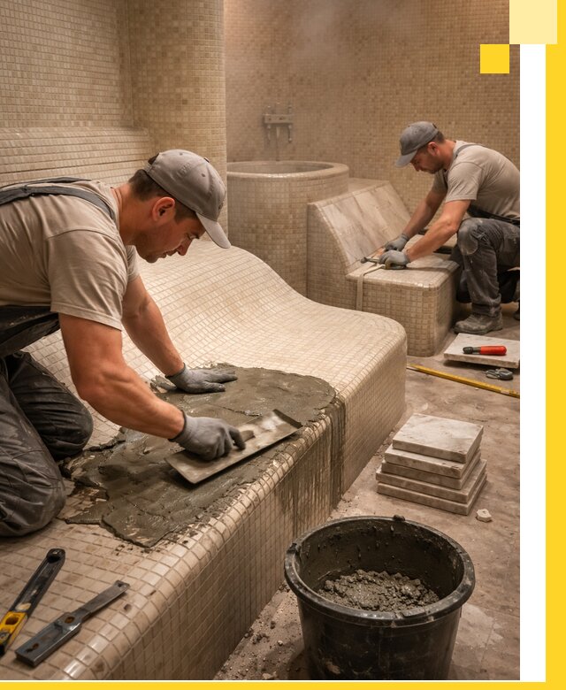 Лежаки для хамама под ключ в Казани, проект и монтаж